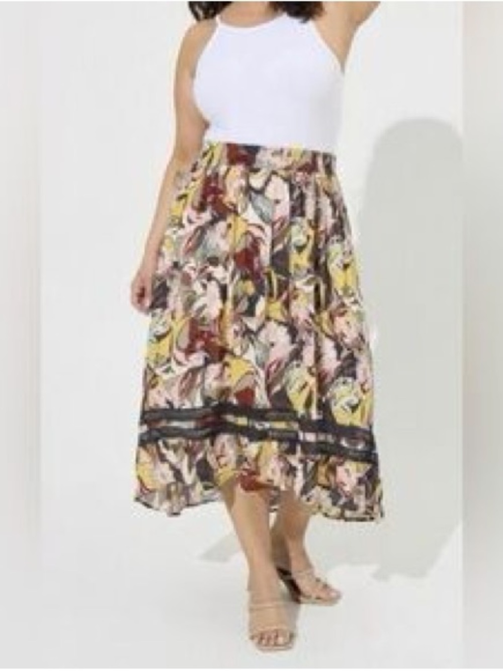 torrid Floral Hi-Low Midi Skirt in Yellow, Pink & Burgundy